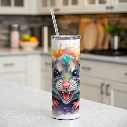 Angry Mad Mouse Watercolor Skinny Tumbler 20oz with Straw Insulated Water Bottle Gift