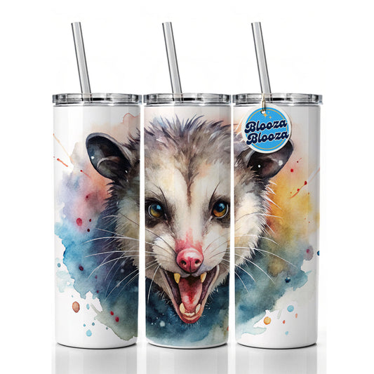 Angry Mad Opossum Watercolor Skinny Tumbler 20oz with Straw Insulated Water Bottle Gift