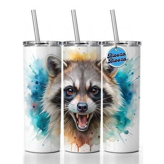 Angry Mad Raccoon Watercolor Skinny Tumbler 20oz with Straw Insulated Water Bottle Gift