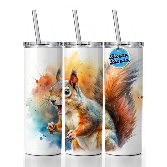 Angry Mad Squirrel Watercolor Skinny Tumbler 20oz with Straw Insulated Water Bottle Gift
