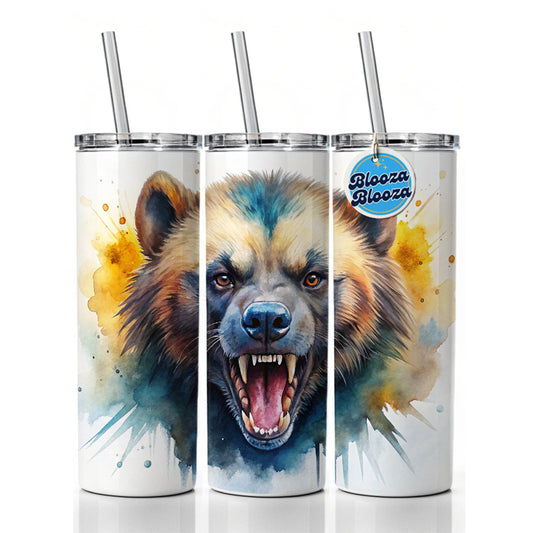 Angry Mad Wolverine Watercolor Skinny Tumbler 20oz with Straw Insulated Water Bottle Gift