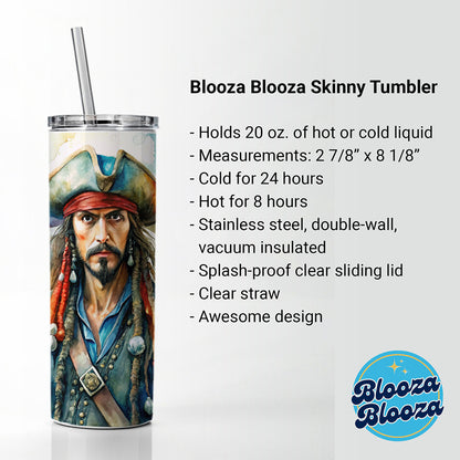 Angry Swashbuckling Pirates Watercolor Skinny Tumbler 20oz with Straw Insulated Water Bottle Gift