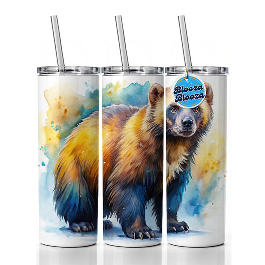 Animal Mad Wolverine Watercolor Skinny Tumbler 20oz with Straw Insulated Water Bottle Gift