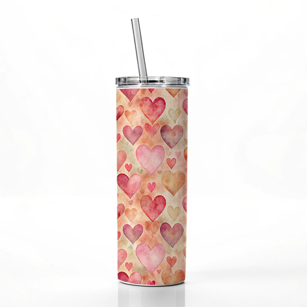 Antique Valentine's Day Hearts Pattern Skinny Tumbler 20oz with Straw Insulated Water Bottle Gift