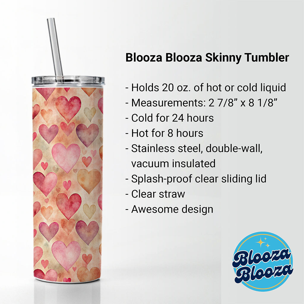 Antique Valentine's Day Hearts Pattern Skinny Tumbler 20oz with Straw Insulated Water Bottle Gift