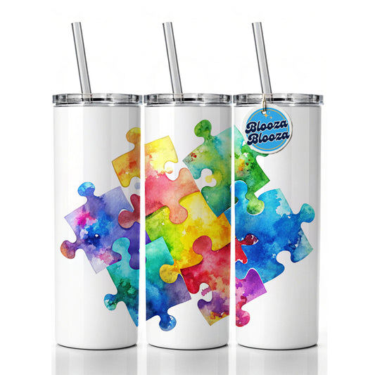 Autism Awareness Acceptance Puzzle Pieces Watercolor Skinny Tumbler 20oz with Straw Insulated Water Bottle Gift