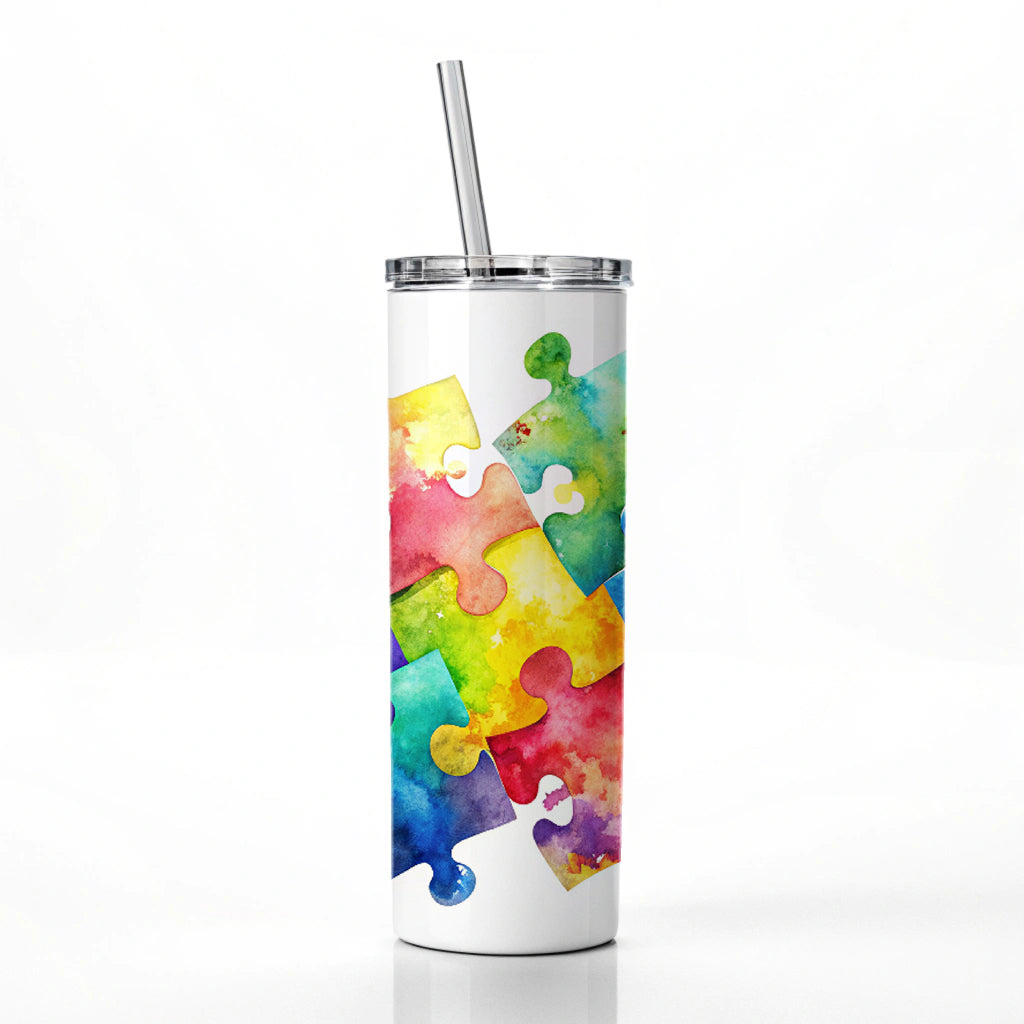 Autism Awareness Acceptance Puzzle Pieces Watercolor Skinny Tumbler 20oz with Straw Insulated Water Bottle Gift
