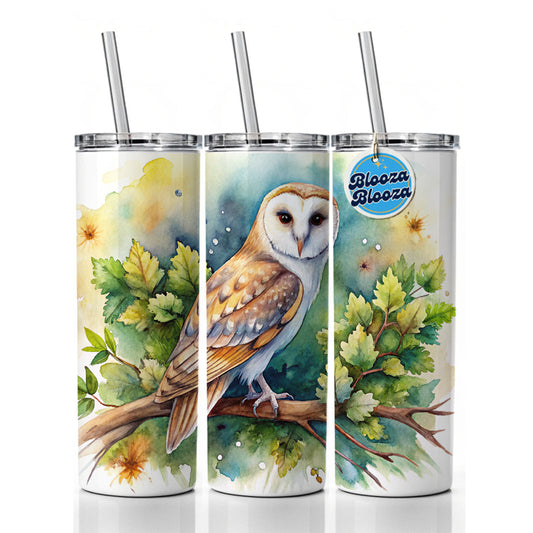Barn Owl In Tree Watercolor Skinny Tumbler 20oz with Straw Insulated Water Bottle Gift