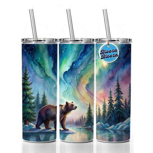 Bear And Northern Lights Watercolor Skinny Tumbler 20oz with Straw Insulated Water Bottle Gift