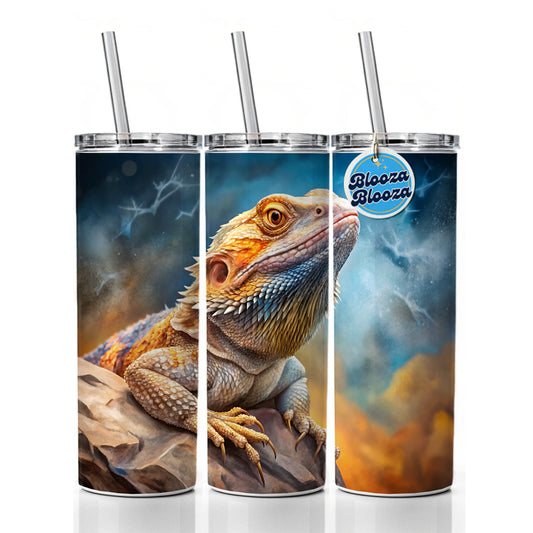 Bearded Dragon Lizard On Rock Stormy Scene Reptile Watercolor Skinny Tumbler 20oz with Straw Insulated Water Bottle Gift