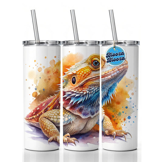 Bearded Dragon Lizard Reptile Watercolor Skinny Tumbler 20oz with Straw Insulated Water Bottle Gift