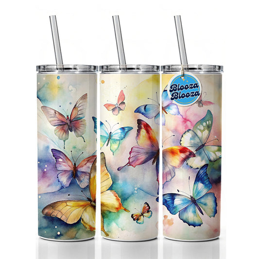 Beautiful Watercolor Colorful Butterflies Skinny Tumbler 20oz with Straw Insulated Water Bottle Gift
