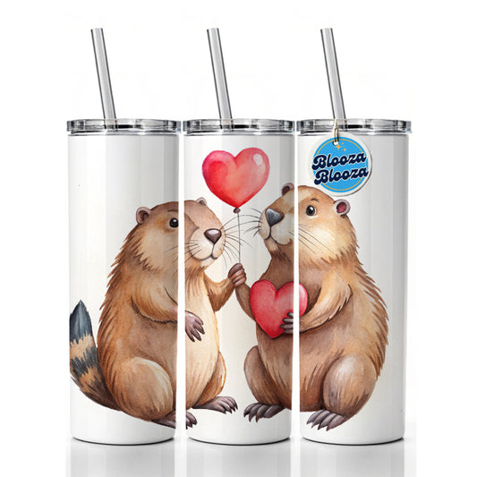 Beavers In Love With Hearts Valentine's Day Skinny Tumbler 20oz with Straw Insulated Water Bottle Gift