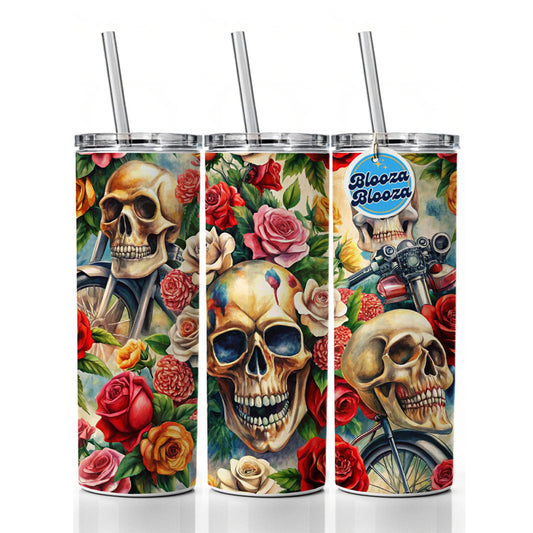 Biker Skulls And Roses Theme Watercolor Skinny Tumbler 20oz with Straw Insulated Water Bottle Gift