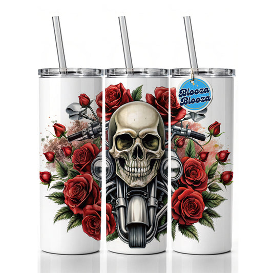 Biker Style Skulls And Roses Motorcycle Skinny Tumbler 20oz with Straw Insulated Water Bottle Gift