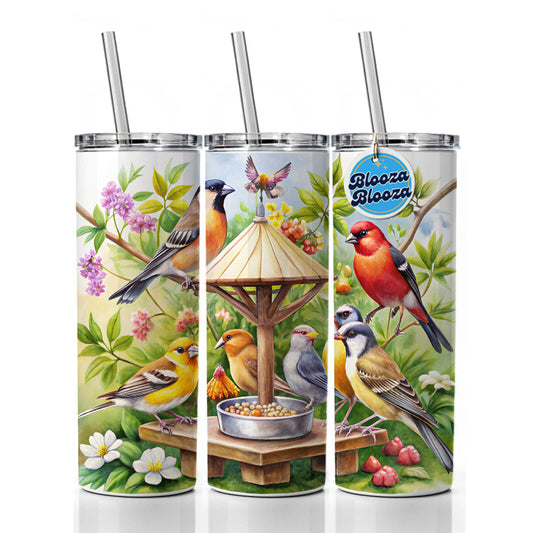 Birds At Feeder Watercolor Skinny Tumbler 20oz with Straw Insulated Water Bottle Gift