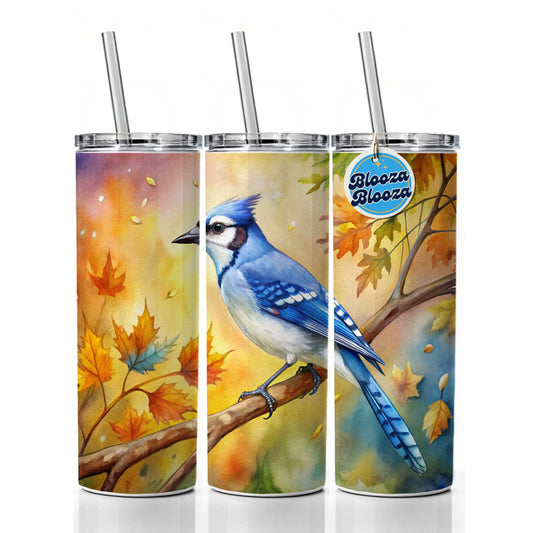 Blue Jay In Tree Watercolor Skinny Tumbler 20oz with Straw Insulated Water Bottle Gift