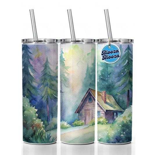 Cabin In The Forest Woods Watercolor Skinny Tumbler 20oz with Straw Insulated Water Bottle Gift