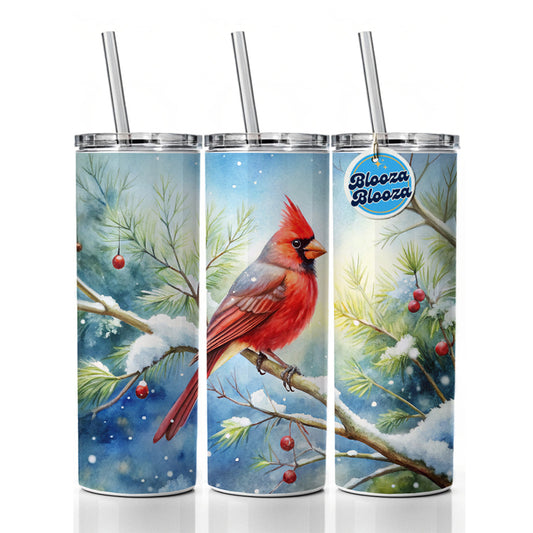 Cardinal In Snowy Tree Winter Watercolor Christmas Skinny Tumbler 20oz with Straw Insulated Water Bottle Gift