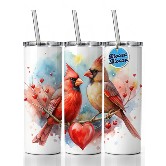 Cardinals In Love With Hearts Valentine's Day Skinny Tumbler 20oz with Straw Insulated Water Bottle Gift