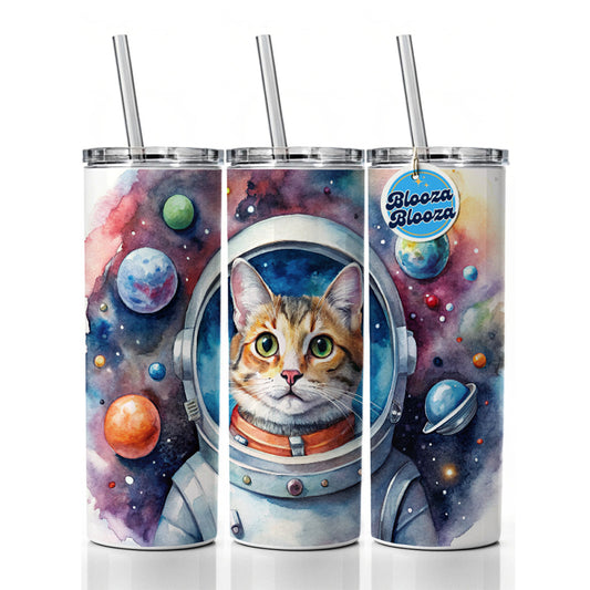 Cat In Space Funny Tabby Watercolor Skinny Tumbler 20oz with Straw Insulated Water Bottle Gift