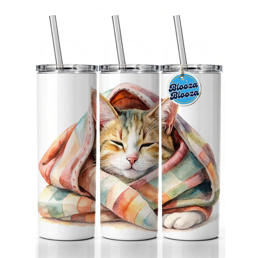 Cat Snuggling In Blanket Watercolor Skinny Tumbler 20oz with Straw Insulated Water Bottle Gift