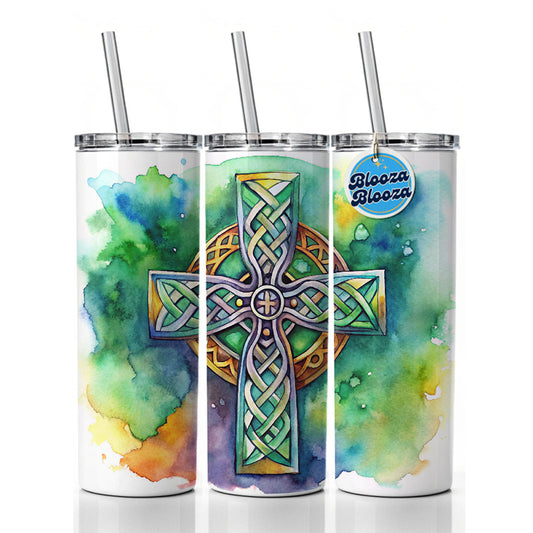 Celtic Christian Cross Watercolor Skinny Tumbler 20oz with Straw Insulated Water Bottle Gift