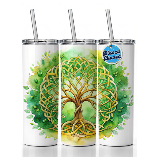 Celtic Irish Tree Of Life Knots Green And Golden Watercolor Skinny Tumbler 20oz with Straw Insulated Water Bottle Gift