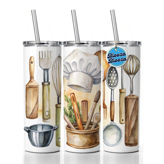 Chef's Baker's Tools Cooking Watercolor Skinny Tumbler 20oz with Straw Insulated Water Bottle Gift