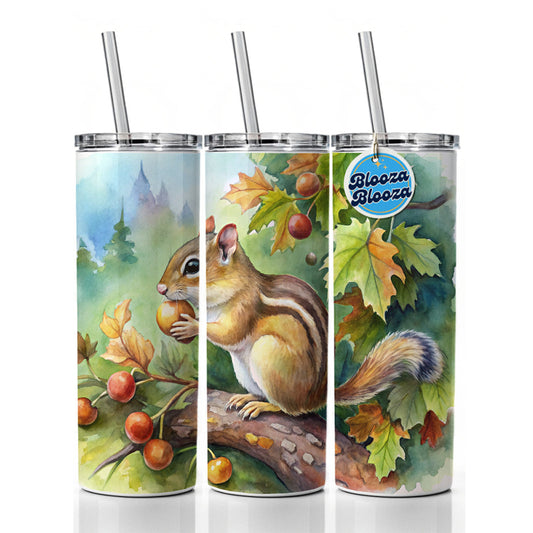 Chipmunk Eating Acorn In Tree Watercolor Skinny Tumbler 20oz with Straw Insulated Water Bottle Gift