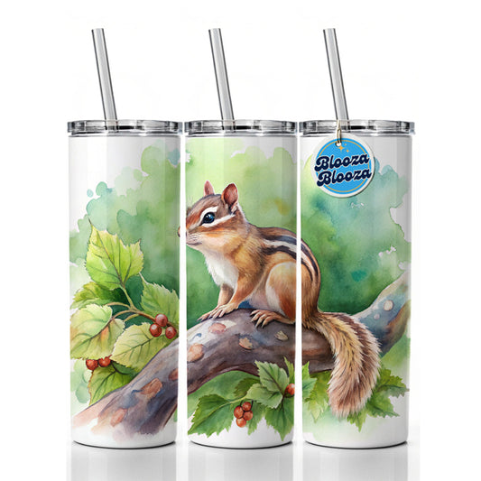Chipmunk In Tree Watercolor Skinny Tumbler 20oz with Straw Insulated Water Bottle Gift