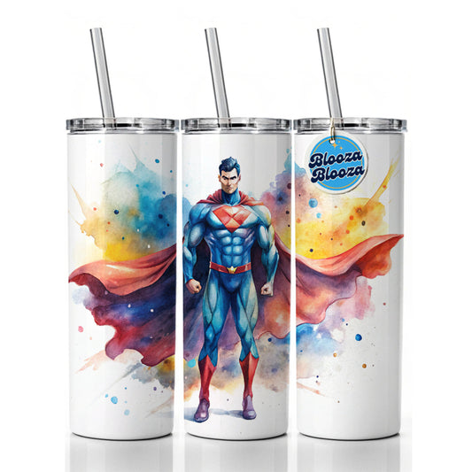 Classic Caped Superhero Watercolor Skinny Tumbler 20oz with Straw Insulated Water Bottle Gift