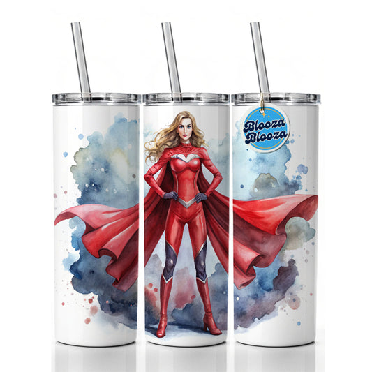 Classic Female Superhero With Red Costume Watercolor Skinny Tumbler 20oz with Straw Insulated Water Bottle Gift