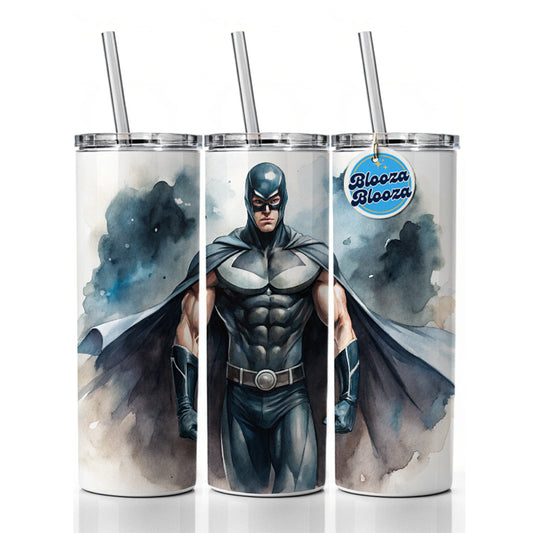 Classic Masked Superhero With Black Costume Watercolor Skinny Tumbler 20oz with Straw Insulated Water Bottle Gift