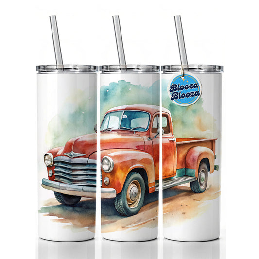 Classic Retro Vintage Pickup Truck Watercolor Skinny Tumbler 20oz with Straw Insulated Water Bottle Gift