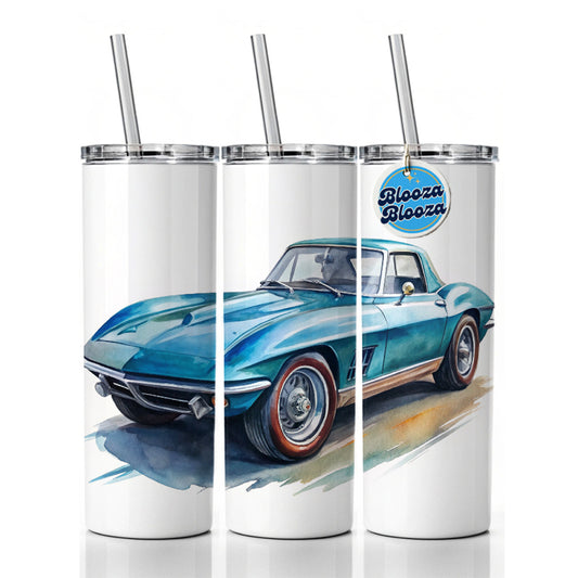 Classic Vintage Blue Sports Car Watercolor Skinny Tumbler 20oz with Straw Insulated Water Bottle Gift