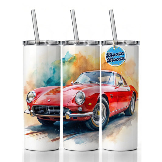 Classic Vintage Red Italian Sports Car Watercolor Skinny Tumbler 20oz with Straw Insulated Water Bottle Gift