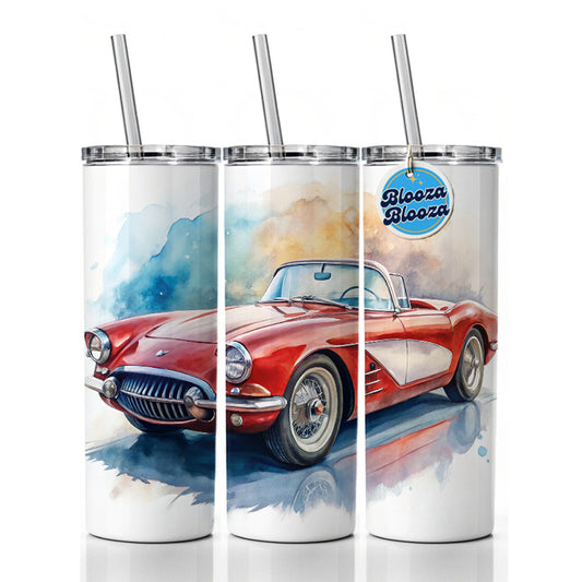 Classic Vintage Red White Sports Car Watercolor Skinny Tumbler 20oz with Straw Insulated Water Bottle Gift