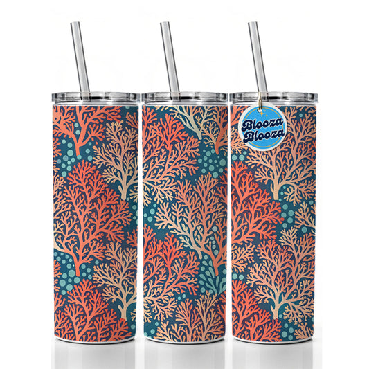 Coral Pattern Reef Ocean Skinny Tumbler 20oz with Straw Insulated Water Bottle Gift