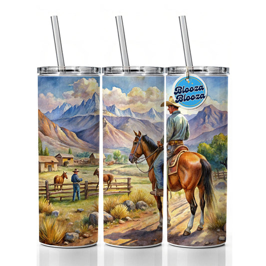 Cowboys Western Ranch Scene Watercolor Skinny Tumbler 20oz with Straw Insulated Water Bottle Gift