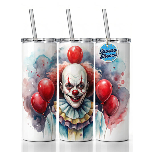 Creepy Scary Evil Clown With Red Balloons Watercolor Skinny Tumbler 20oz with Straw Insulated Water Bottle Gift