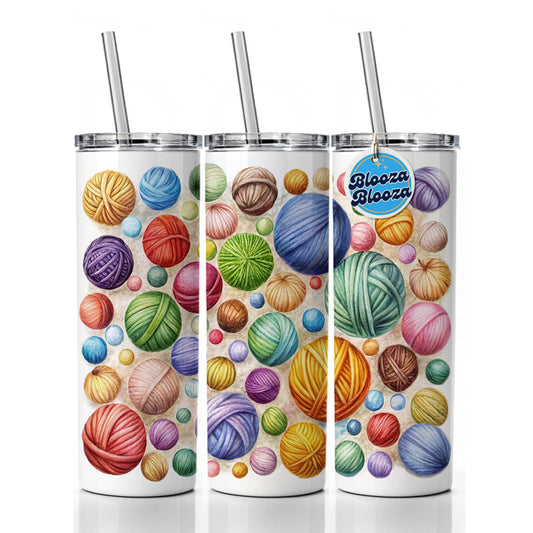 Crocheting Knitting Colorful Yarn Balls Skinny Tumbler 20oz with Straw Insulated Water Bottle Gift