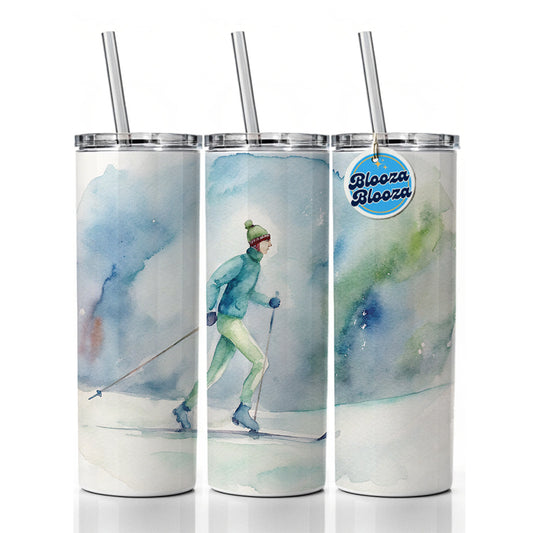 Cross Country Skiing Watercolor Skinny Tumbler 20oz with Straw Insulated Water Bottle Gift