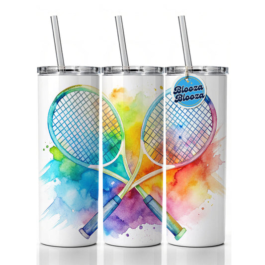 Crossed Tennis Rackets Watercolor Skinny Tumbler 20oz with Straw Insulated Water Bottle Gift