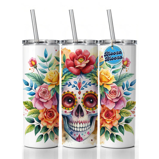 Day Of The Dead Día De Muertos Theme Watercolor Skinny Tumbler 20oz with Straw Insulated Water Bottle Gift