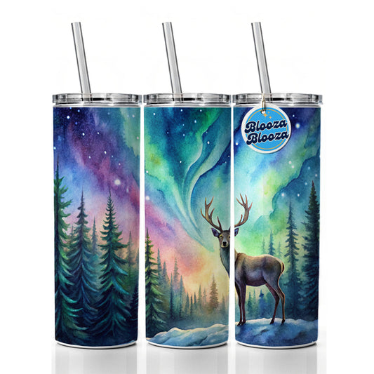 Deer And Northern Lights Watercolor Skinny Tumbler 20oz with Straw Insulated Water Bottle Gift