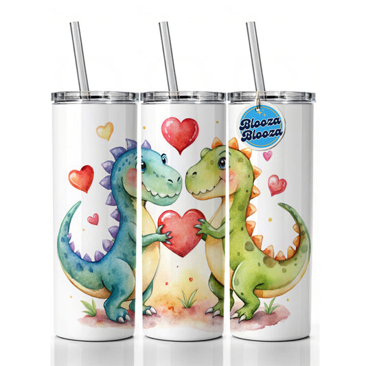 Dinosaurs In Love With Hearts Valentine's Day Skinny Tumbler 20oz with Straw Insulated Water Bottle Gift