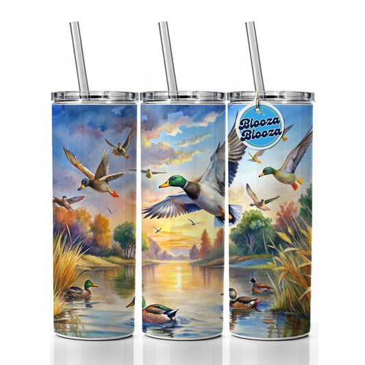 Ducks Flying At Sunrise Hunting Watercolor Skinny Tumbler 20oz with Straw Insulated Water Bottle Gift