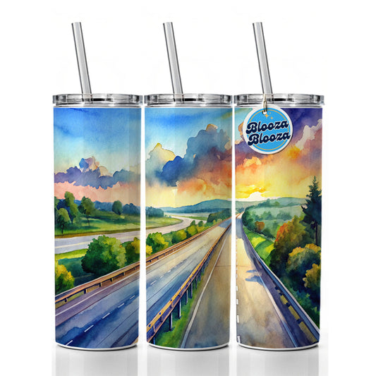 Empty Highway Stretching Into The Distance Watercolor Skinny Tumbler 20oz with Straw Insulated Water Bottle Gift
