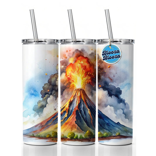 Erupting Volcano Watercolor Skinny Tumbler 20oz with Straw Insulated Water Bottle Gift